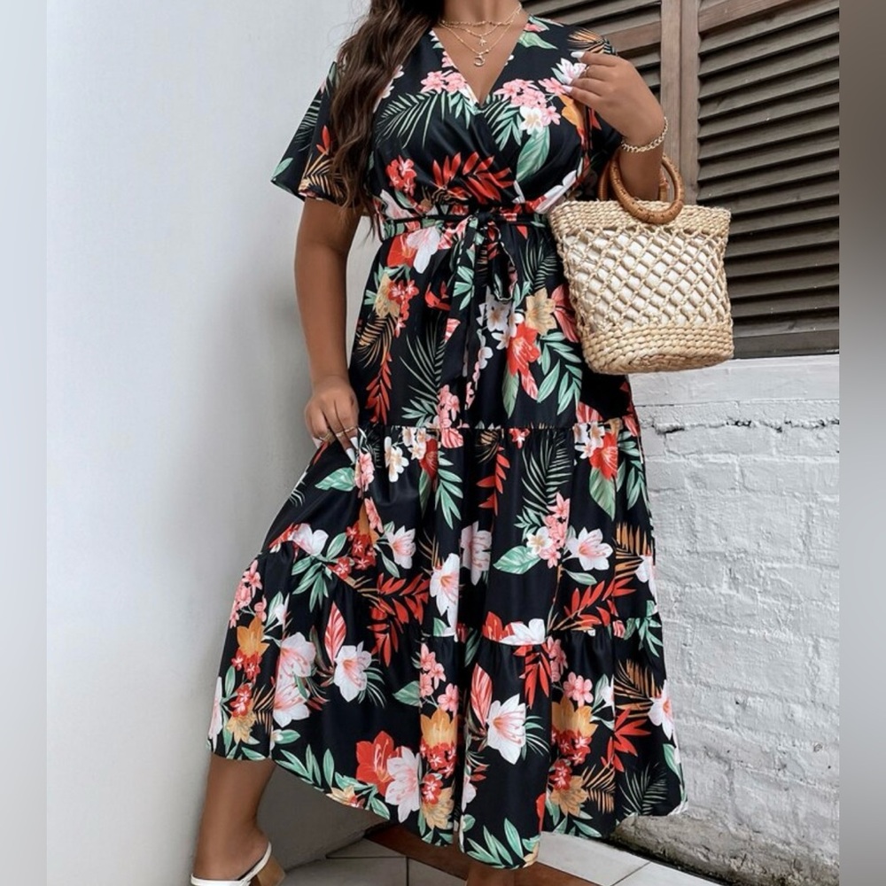 NEW 0 XL SHEIN Unity Plus Tropical Print Flutter Sleeve Ruffle Hem Belted Dress